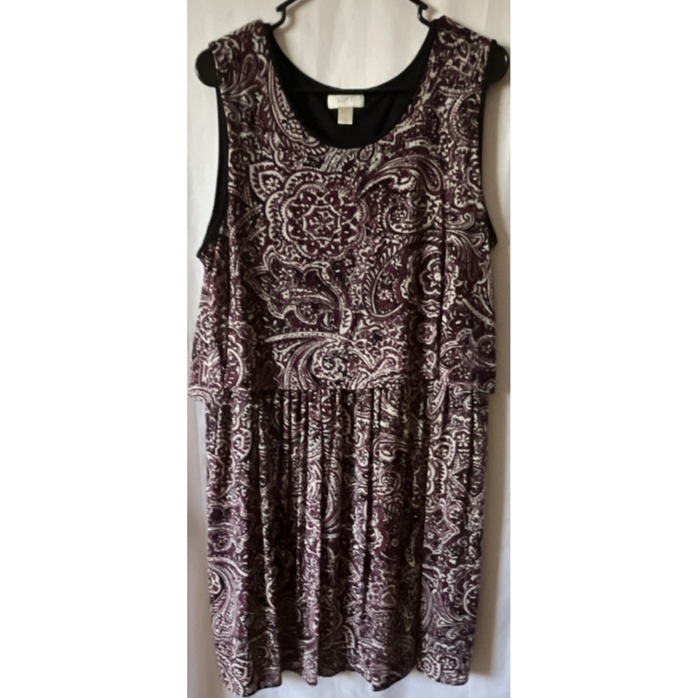 LOFT XL A-Line Sleeveless Paisley Knee Length Dress Burgundy Black White